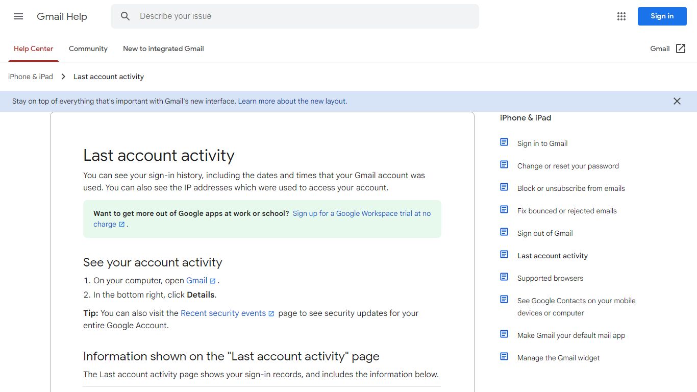 Last account activity - Gmail Help - Google